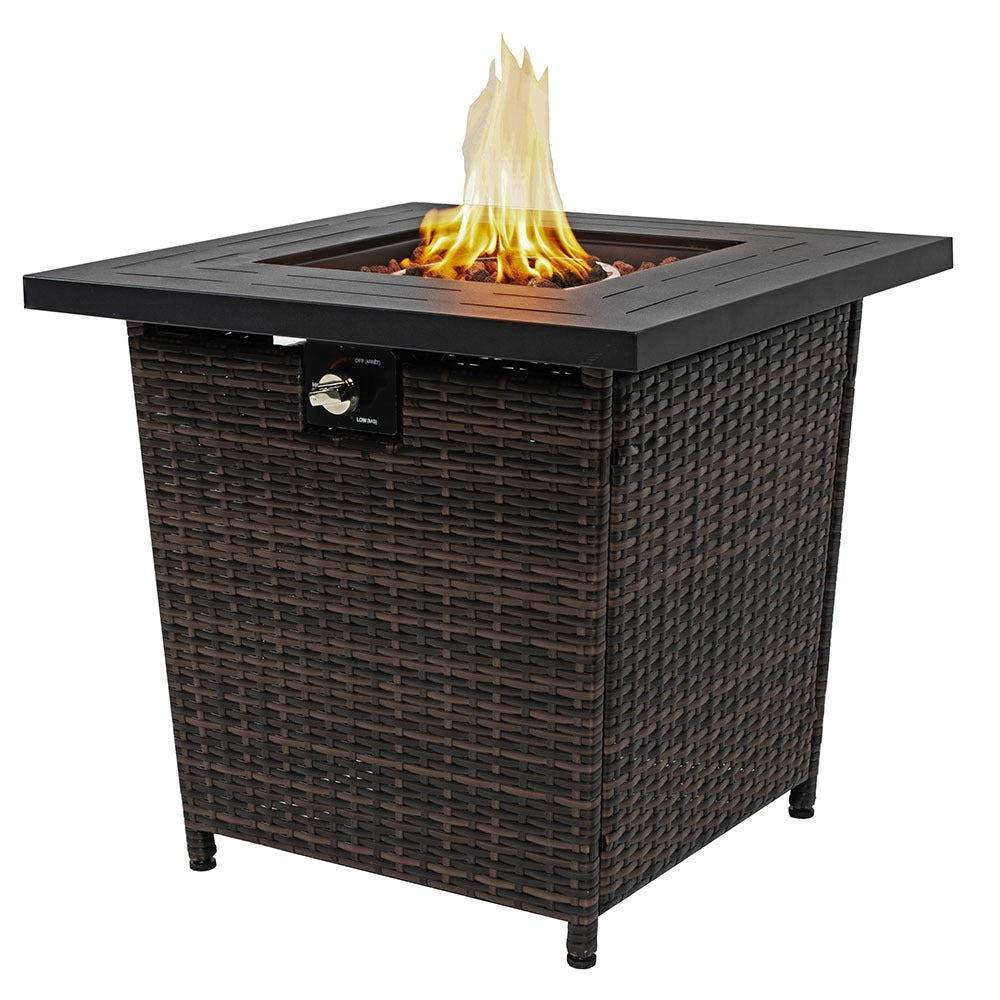 28" Square Propane Fire Pit Table with Steel Frame & Woven Wicker Panels, 50,000 BTU, Black/Brown, Lava Rocks & Lid Included