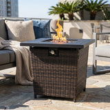 28" Square Propane Fire Pit Table with Steel Frame & Woven Wicker Panels, 50,000 BTU, Black/Brown, Lava Rocks & Lid Included