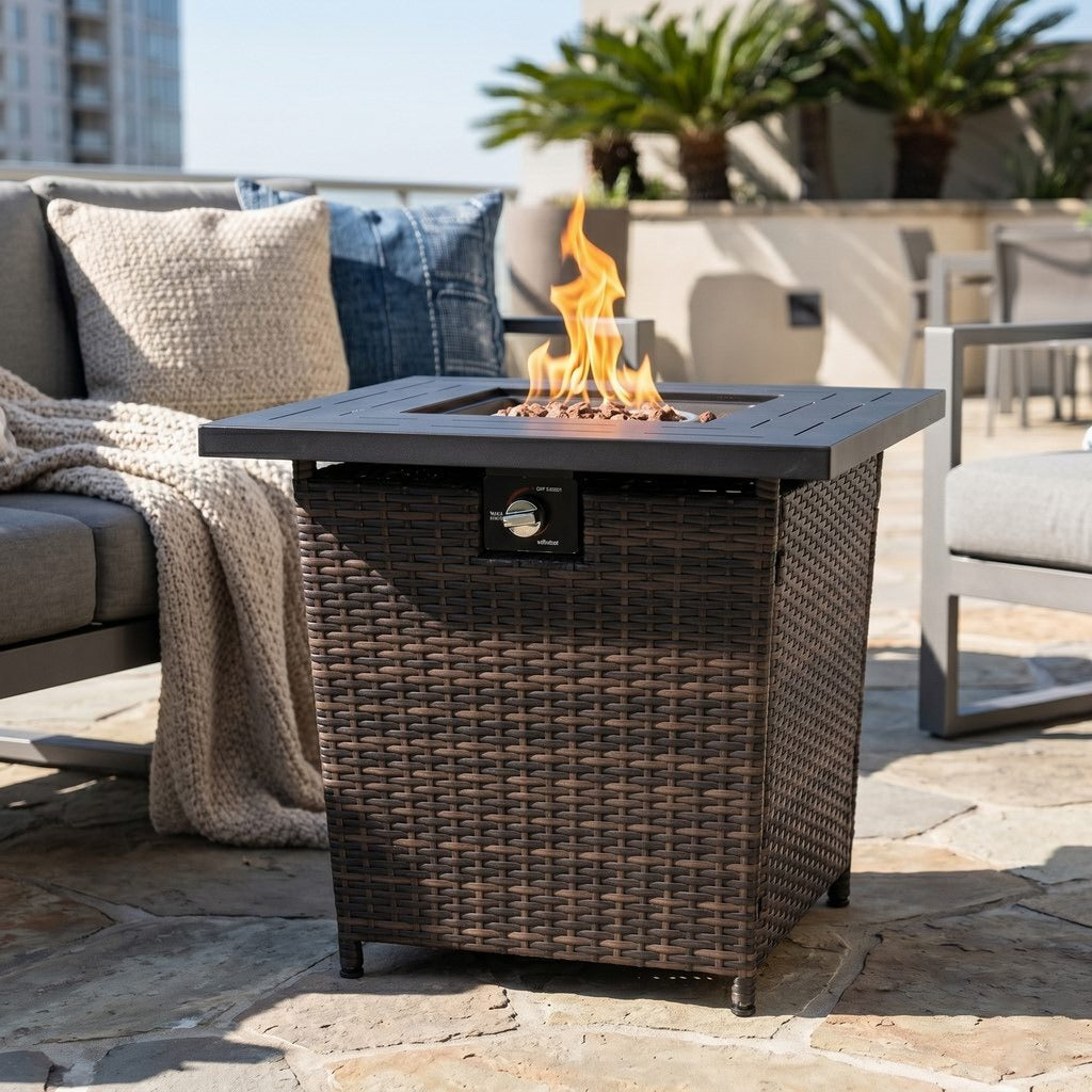 28" Square Propane Fire Pit Table with Steel Frame & Woven Wicker Panels, 50,000 BTU, Black/Brown, Lava Rocks & Lid Included