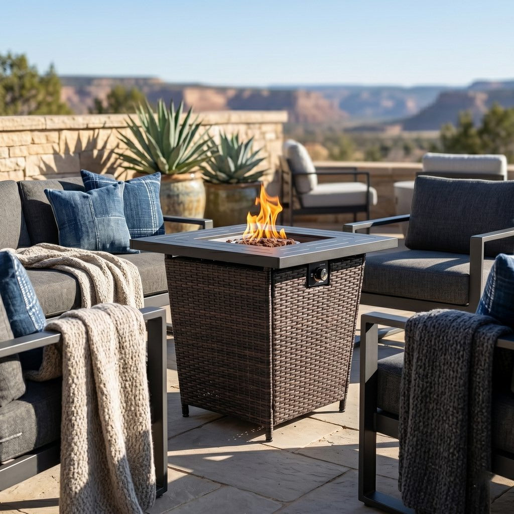 28" Square Propane Fire Pit Table with Steel Frame & Woven Wicker Panels, 50,000 BTU, Black/Brown, Lava Rocks & Lid Included