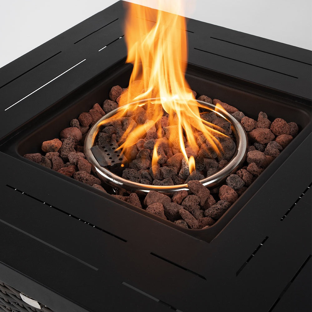 28" Square Propane Fire Pit Table with Steel Frame & Woven Wicker Panels, 50,000 BTU, Black/Brown, Lava Rocks & Lid Included