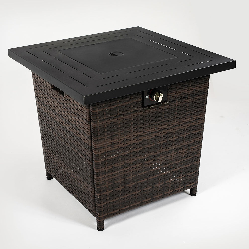 28" Square Propane Fire Pit Table with Steel Frame & Woven Wicker Panels, 50,000 BTU, Black/Brown, Lava Rocks & Lid Included