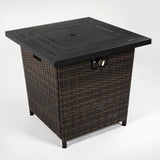 28" Square Propane Fire Pit Table with Steel Frame & Woven Wicker Panels, 50,000 BTU, Black/Brown, Lava Rocks & Lid Included
