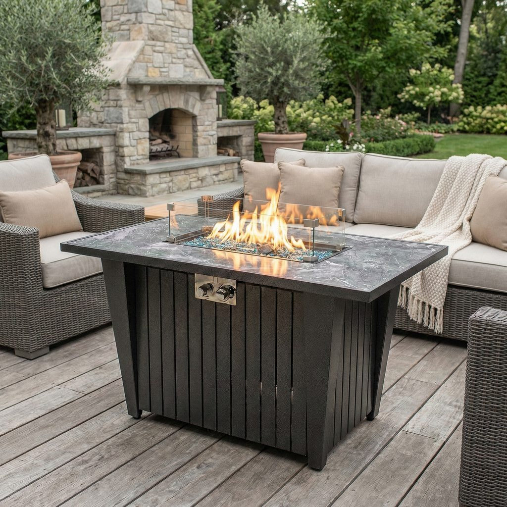 42" Rectangular Propane Fire Pit Table with Glass Wind Guard, Steel Frame, 50,000 BTU, Grey, Lava Rocks Included