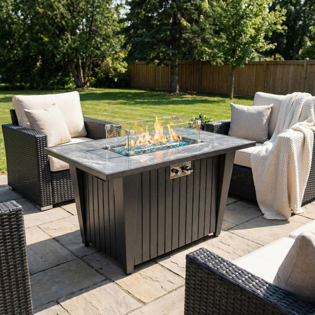 42" Rectangular Propane Fire Pit Table with Glass Wind Guard, Steel Frame, 50,000 BTU, Grey, Lava Rocks Included
