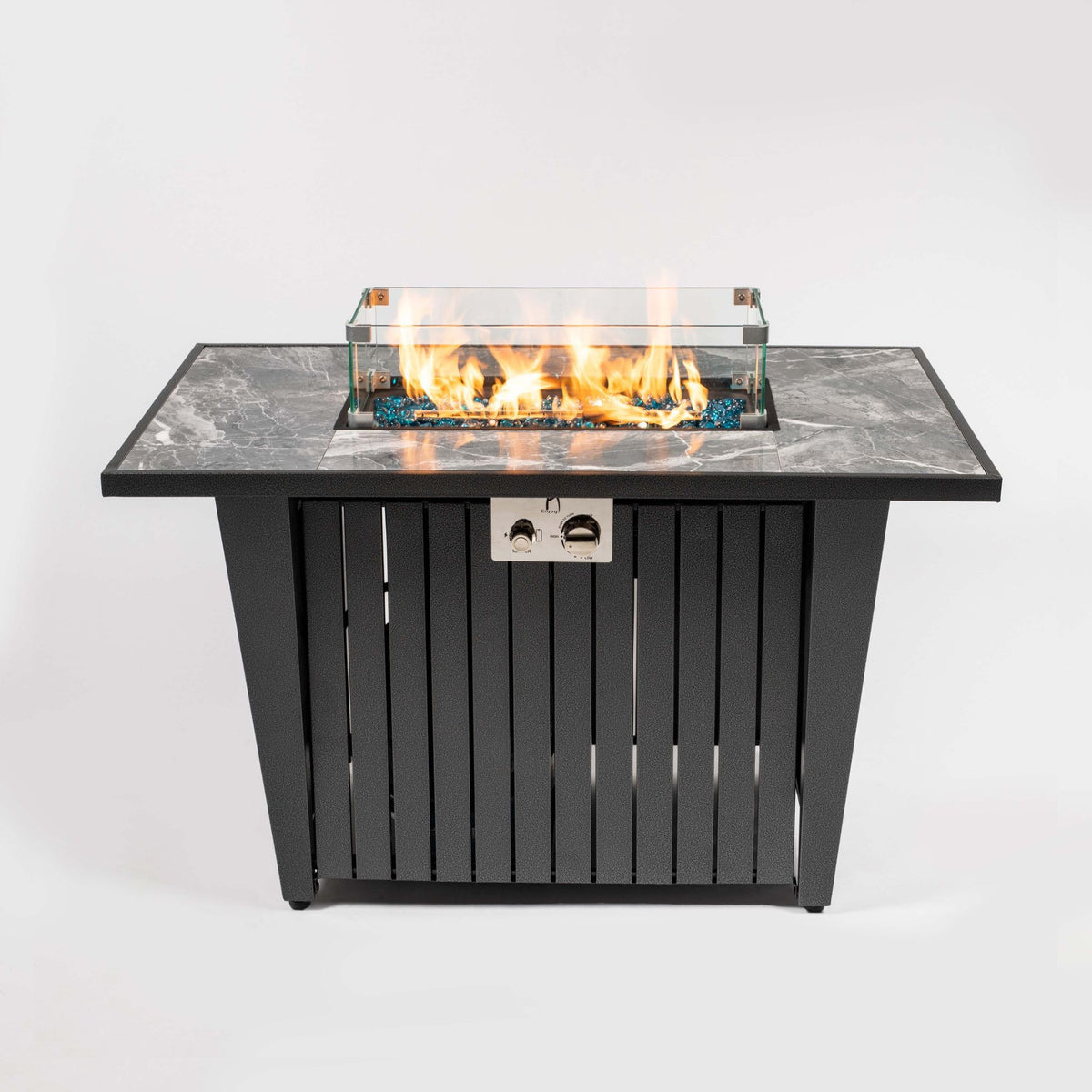 42" Rectangular Propane Fire Pit Table with Glass Wind Guard, Steel Frame, 50,000 BTU, Grey, Lava Rocks Included