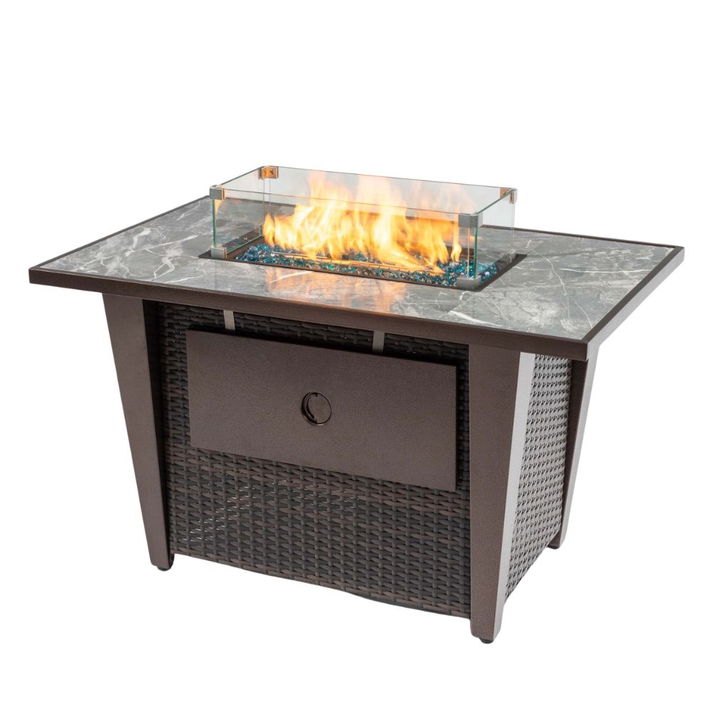 42" Rectangular Propane Fire Pit Table with Wicker Base & Glass Wind Guard, 50,000 BTU, Brown