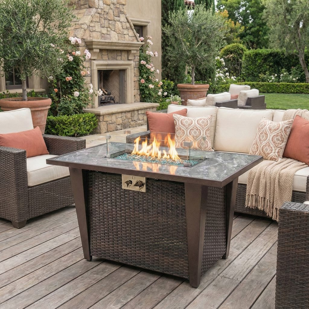 42" Rectangular Propane Fire Pit Table with Wicker Base & Glass Wind Guard, 50,000 BTU, Brown