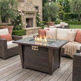 42" Rectangular Propane Fire Pit Table with Wicker Base & Glass Wind Guard, 50,000 BTU, Brown