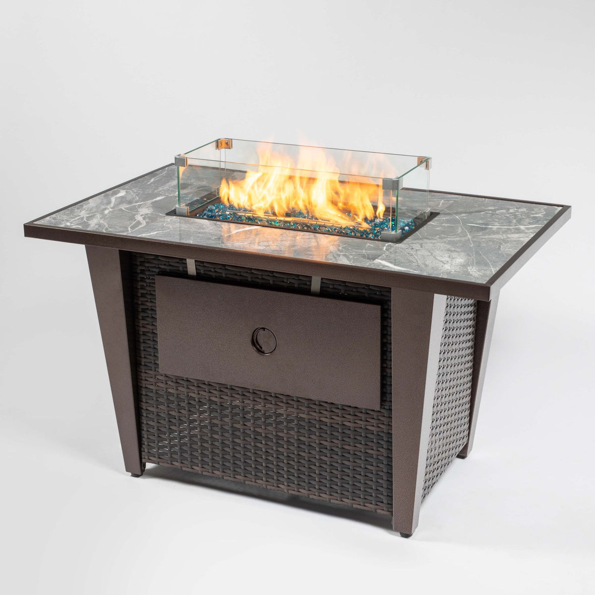 42" Rectangular Propane Fire Pit Table with Wicker Base & Glass Wind Guard, 50,000 BTU, Brown
