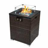 28" Square Propane Fire Pit Table with Wicker Base & Glass Wind Guard, 40,000 BTU, Black/Brown, Compact