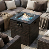 28" Square Propane Fire Pit Table with Wicker Base & Glass Wind Guard, 40,000 BTU, Black/Brown, Compact
