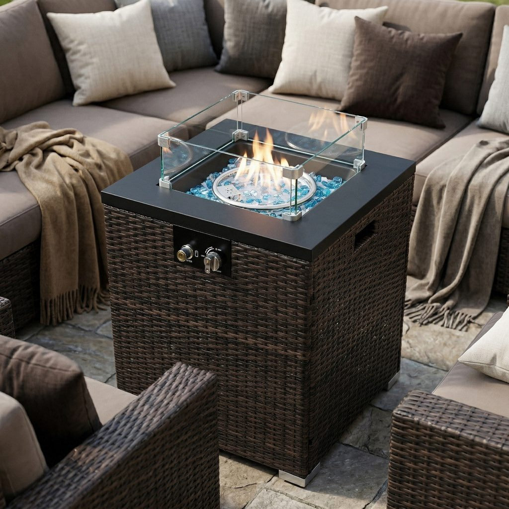 28" Square Propane Fire Pit Table with Wicker Base & Glass Wind Guard, 40,000 BTU, Black/Brown, Compact