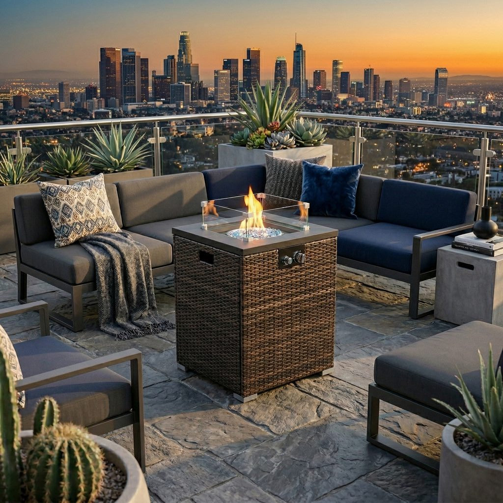 28" Square Propane Fire Pit Table with Wicker Base & Glass Wind Guard, 40,000 BTU, Black/Brown, Compact