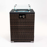 28" Square Propane Fire Pit Table with Wicker Base & Glass Wind Guard, 40,000 BTU, Black/Brown, Compact