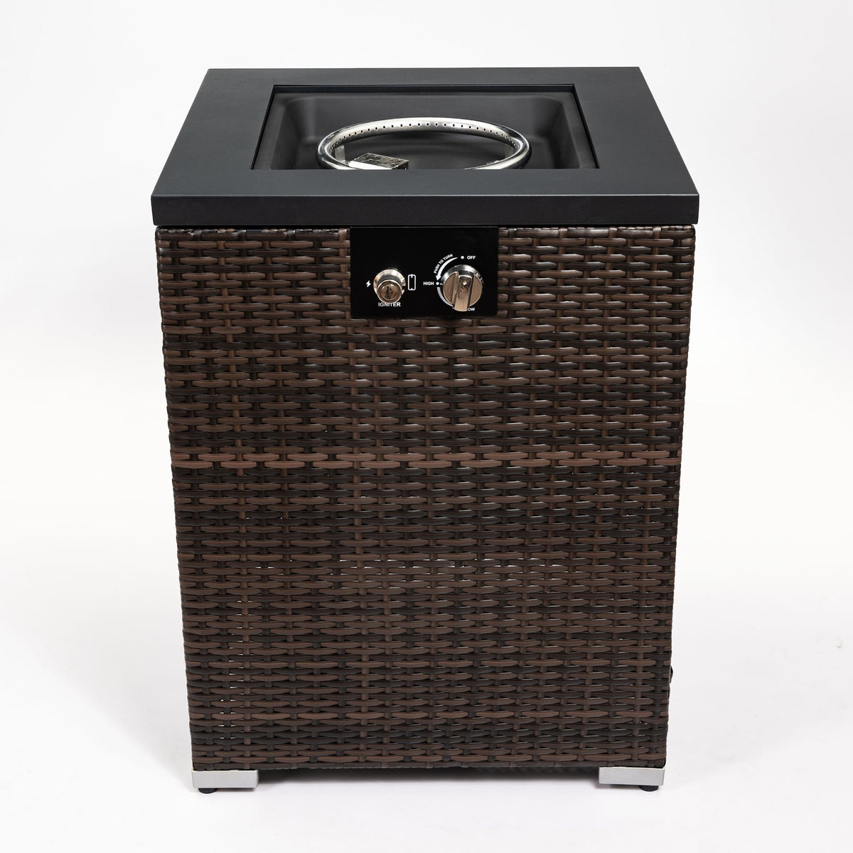 28" Square Propane Fire Pit Table with Wicker Base & Glass Wind Guard, 40,000 BTU, Black/Brown, Compact