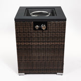 28" Square Propane Fire Pit Table with Wicker Base & Glass Wind Guard, 40,000 BTU, Black/Brown, Compact