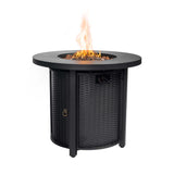 30" Round Steel Propane Fire Pit Table with Wicker-Style Finish, 50,000 BTU, Black, Lava Rocks Included