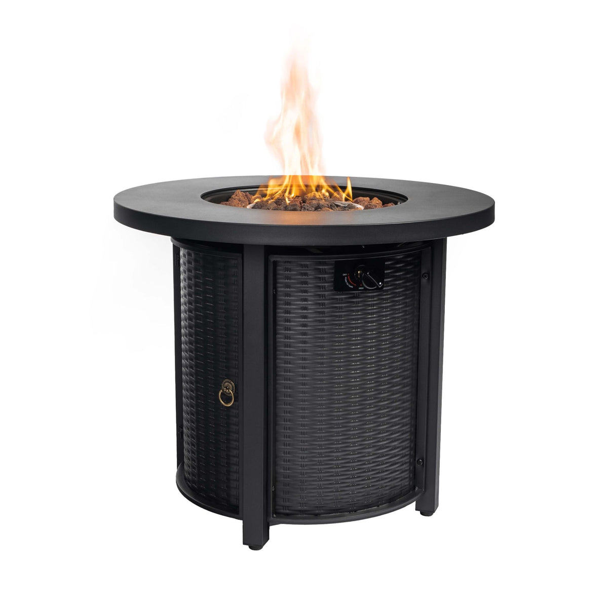 30" Round Steel Propane Fire Pit Table with Wicker-Style Finish, 50,000 BTU, Black, Lava Rocks Included