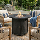 30" Round Steel Propane Fire Pit Table with Wicker-Style Finish, 50,000 BTU, Black, Lava Rocks Included