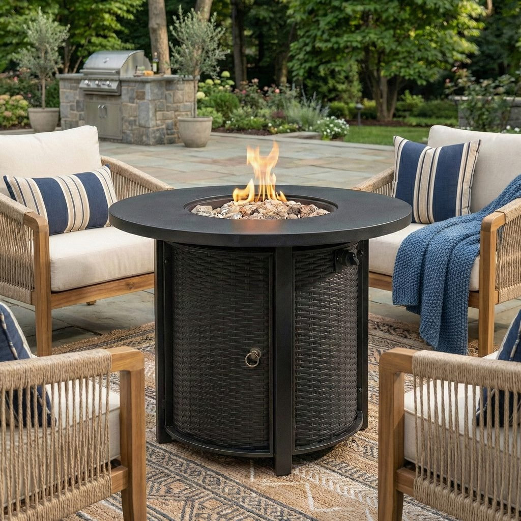 30" Round Steel Propane Fire Pit Table with Wicker-Style Finish, 50,000 BTU, Black, Lava Rocks Included