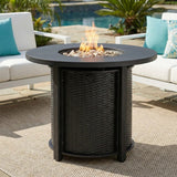 30" Round Steel Propane Fire Pit Table with Wicker-Style Finish, 50,000 BTU, Black, Lava Rocks Included