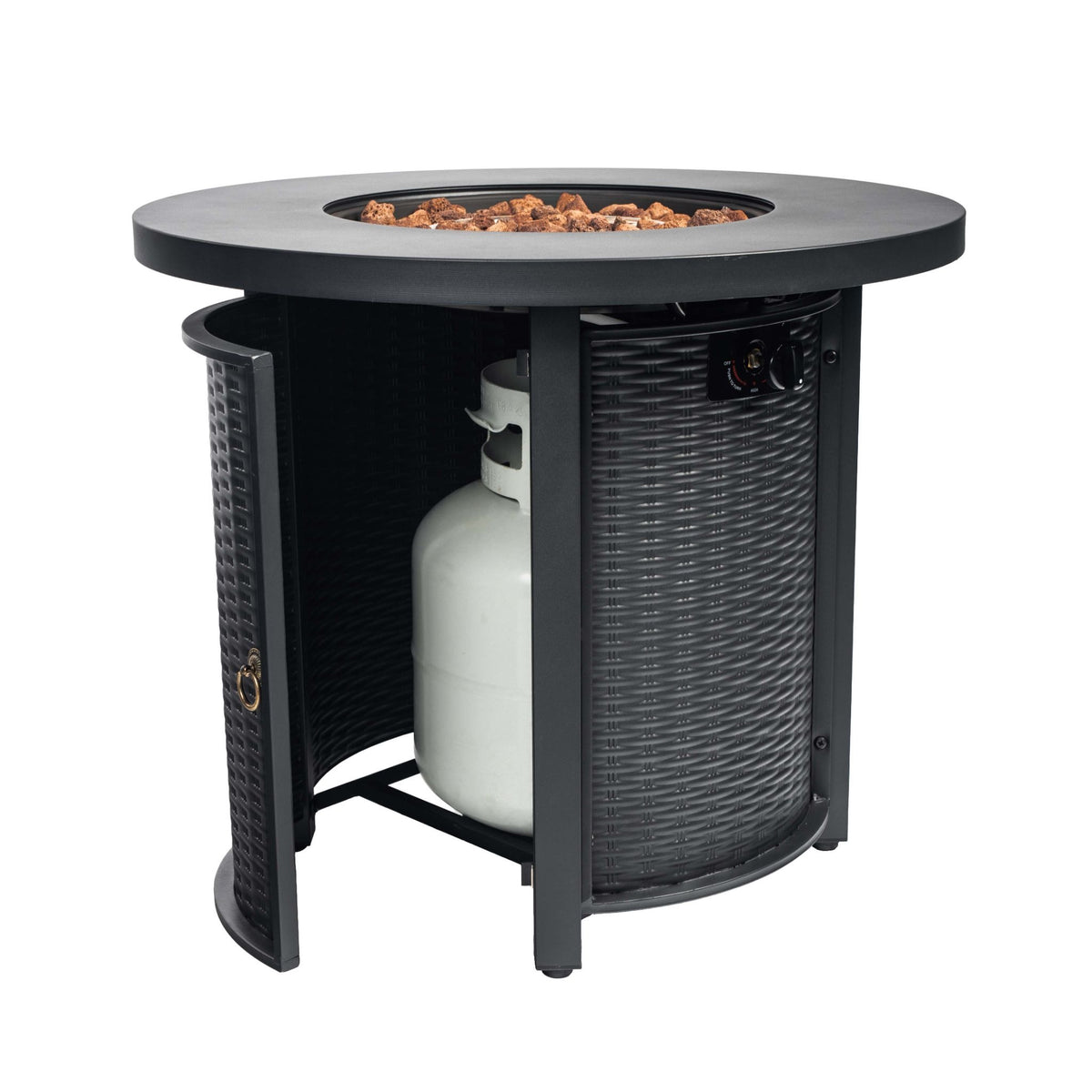 30" Round Steel Propane Fire Pit Table with Wicker-Style Finish, 50,000 BTU, Black, Lava Rocks Included