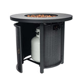 30" Round Steel Propane Fire Pit Table with Wicker-Style Finish, 50,000 BTU, Black, Lava Rocks Included