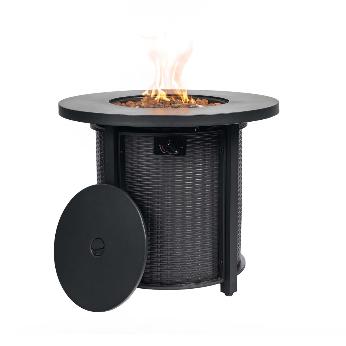 30" Round Steel Propane Fire Pit Table with Wicker-Style Finish, 50,000 BTU, Black, Lava Rocks Included