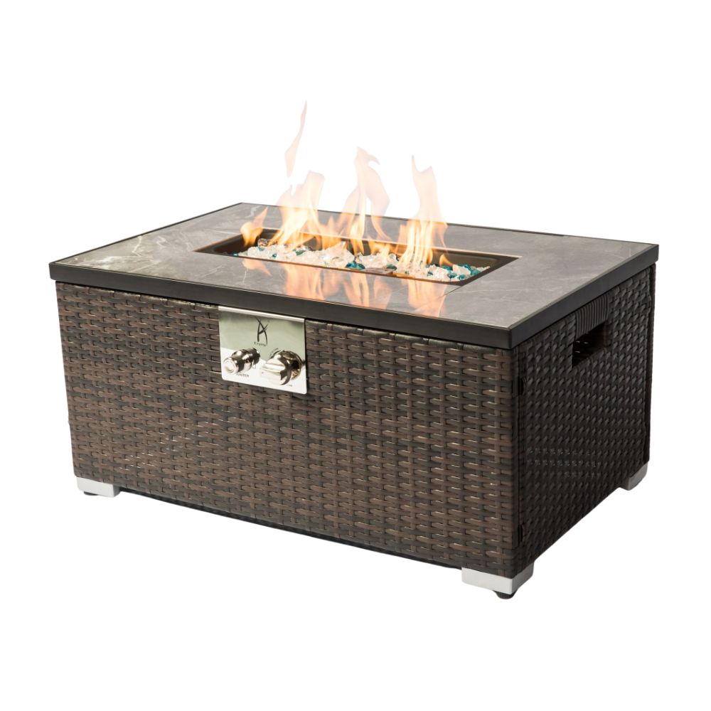 32" Rectangular Propane Gas Fire Pit Table with Wicker Base, 50,000 BTU, Brown, Includes Lava Rocks, Lid & Rain Cover