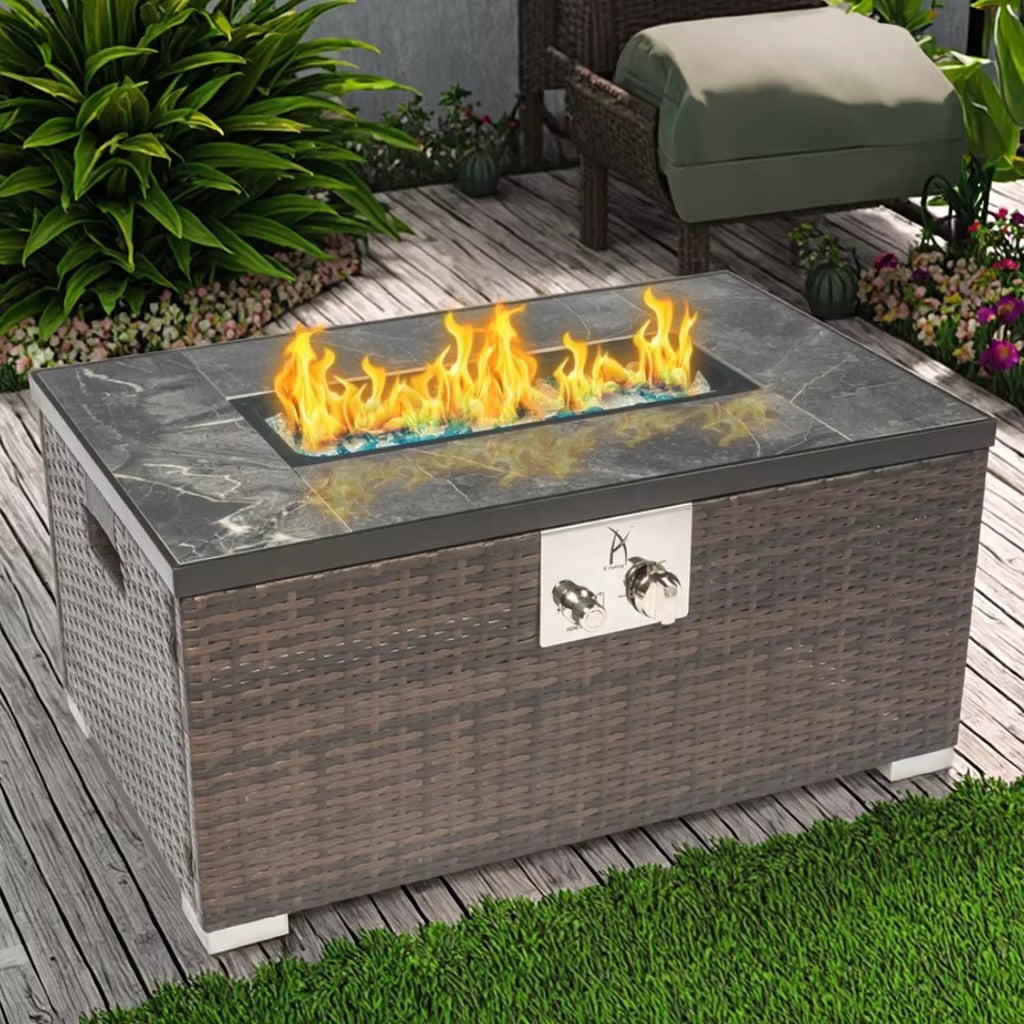 32" Rectangular Propane Gas Fire Pit Table with Wicker Base, 50,000 BTU, Brown, Includes Lava Rocks, Lid & Rain Cover