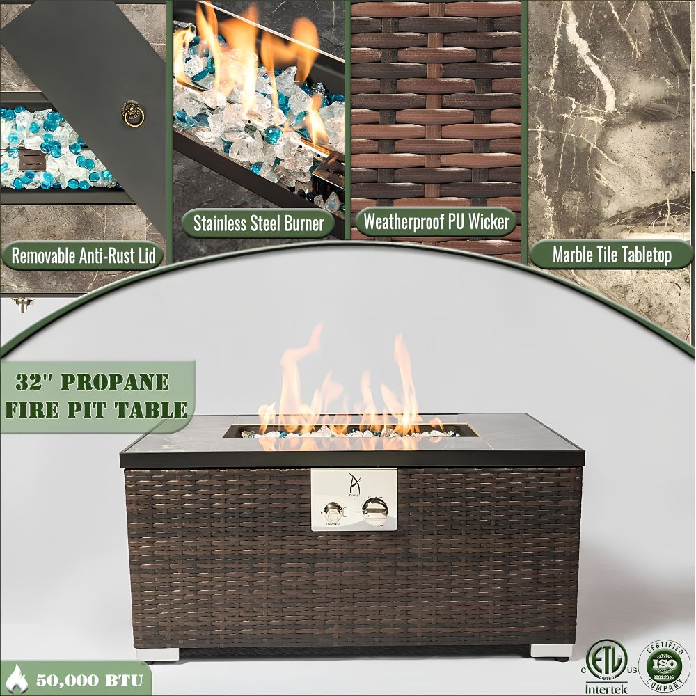 32" Rectangular Propane Gas Fire Pit Table with Wicker Base, 50,000 BTU, Brown, Includes Lava Rocks, Lid & Rain Cover