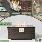 32" Rectangular Propane Gas Fire Pit Table with Wicker Base, 50,000 BTU, Brown, Includes Lava Rocks, Lid & Rain Cover