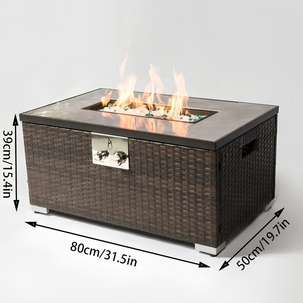 32" Rectangular Propane Gas Fire Pit Table with Wicker Base, 50,000 BTU, Brown, Includes Lava Rocks, Lid & Rain Cover
