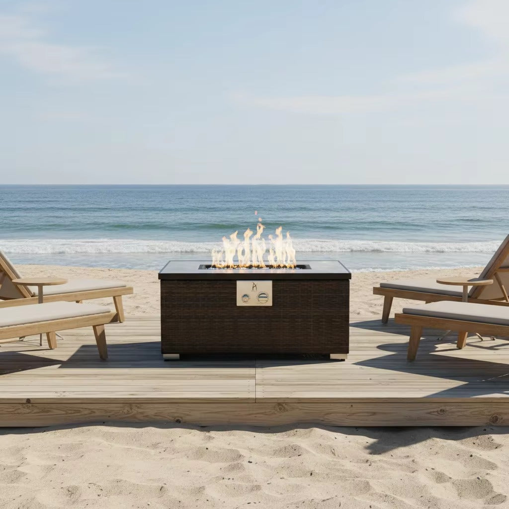 32" Rectangular Propane Gas Fire Pit Table with Wicker Base, 50,000 BTU, Brown, Includes Lava Rocks, Lid & Rain Cover