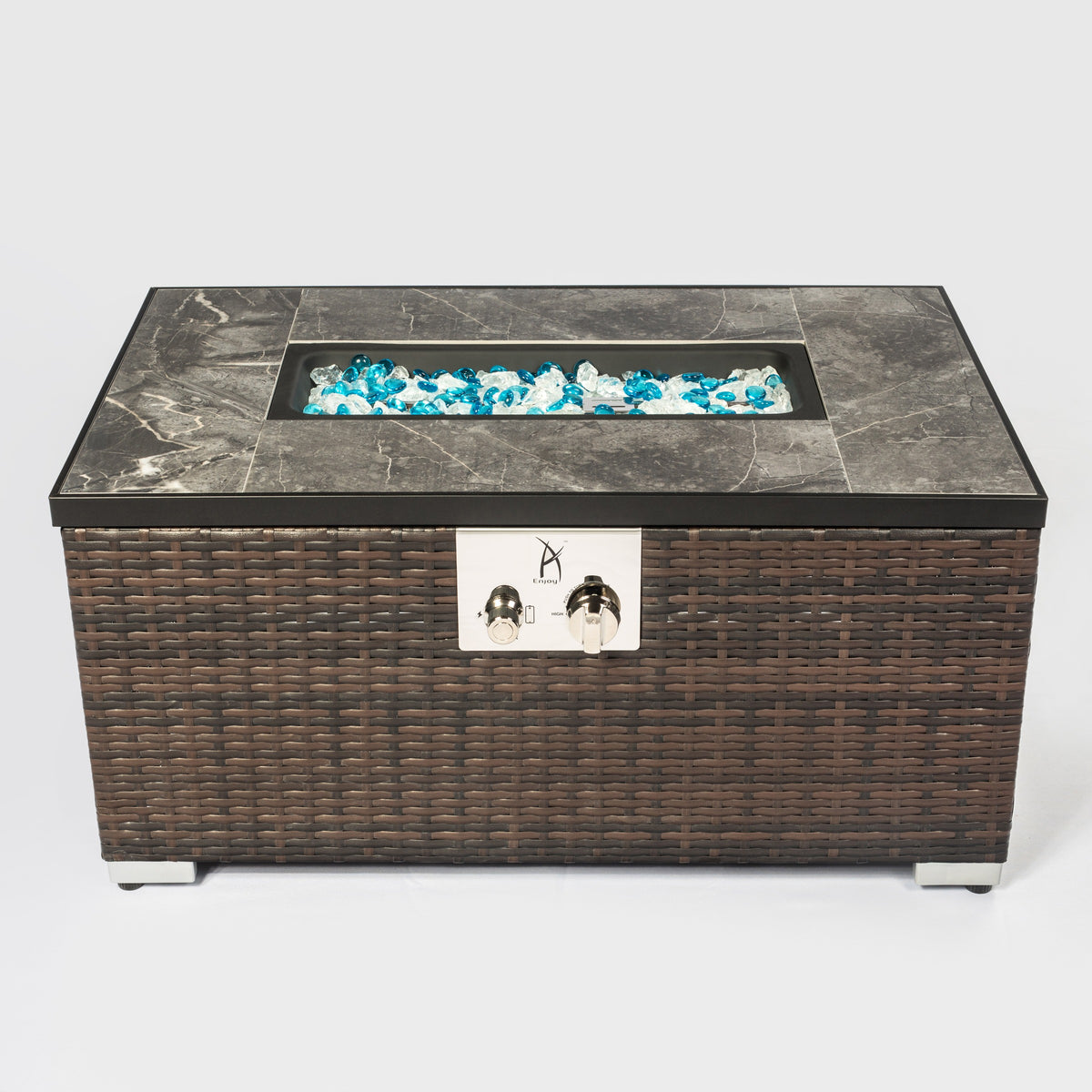 32" Rectangular Propane Gas Fire Pit Table with Wicker Base, 50,000 BTU, Brown, Includes Lava Rocks, Lid & Rain Cover