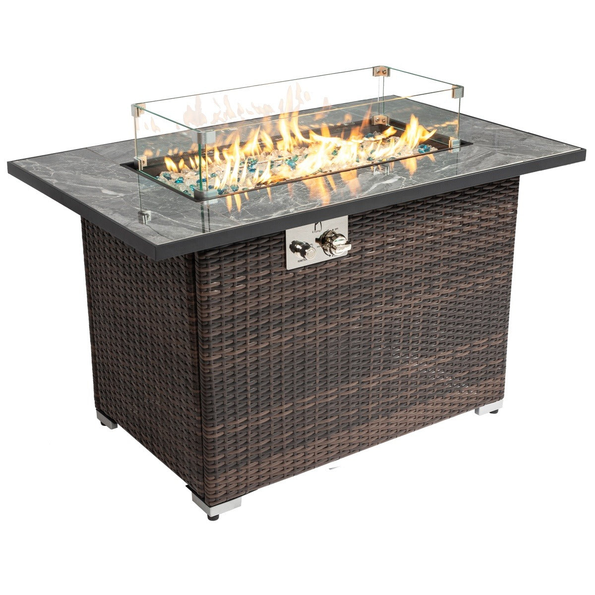 44" Rectangular Propane Fire Pit Table with Marble-Look Tile Top & Wicker Base, 50,000 BTU, Brown