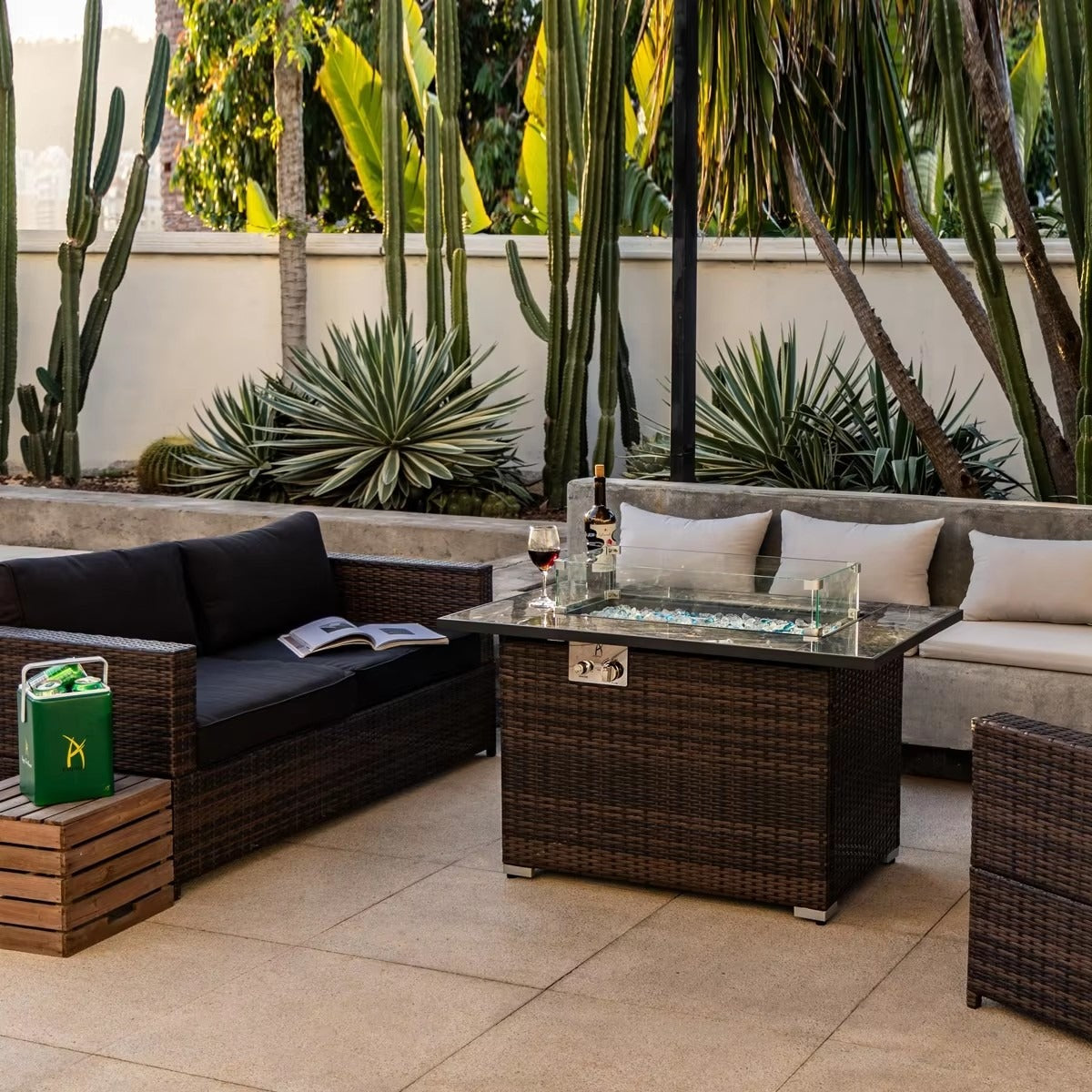 44" Rectangular Propane Fire Pit Table with Marble-Look Tile Top & Wicker Base, 50,000 BTU, Brown