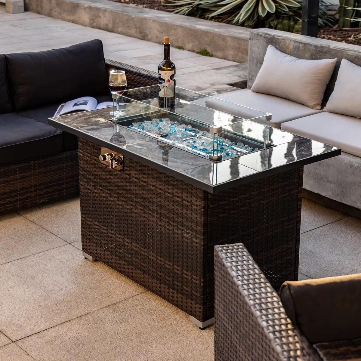 44" Rectangular Propane Fire Pit Table with Marble-Look Tile Top & Wicker Base, 50,000 BTU, Brown