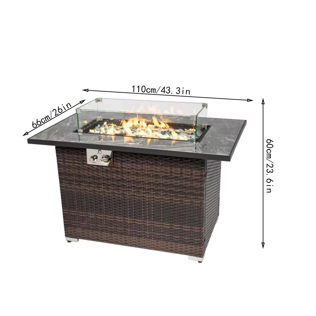 44" Rectangular Propane Fire Pit Table with Marble-Look Tile Top & Wicker Base, 50,000 BTU, Brown