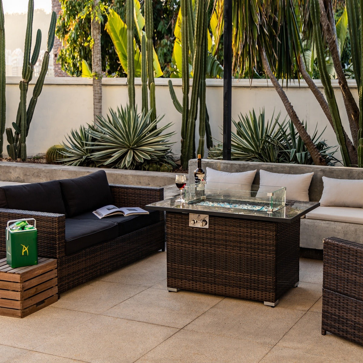 44" Rectangular Propane Fire Pit Table with Marble-Look Tile Top & Wicker Base, 50,000 BTU, Brown