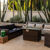 44" Rectangular Propane Fire Pit Table with Marble-Look Tile Top & Wicker Base, 50,000 BTU, Brown