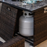 44" Rectangular Propane Fire Pit Table with Marble-Look Tile Top & Wicker Base, 50,000 BTU, Brown