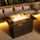 44" Rectangular Propane Fire Pit Table with Marble-Look Tile Top & Wicker Base, 50,000 BTU, Brown
