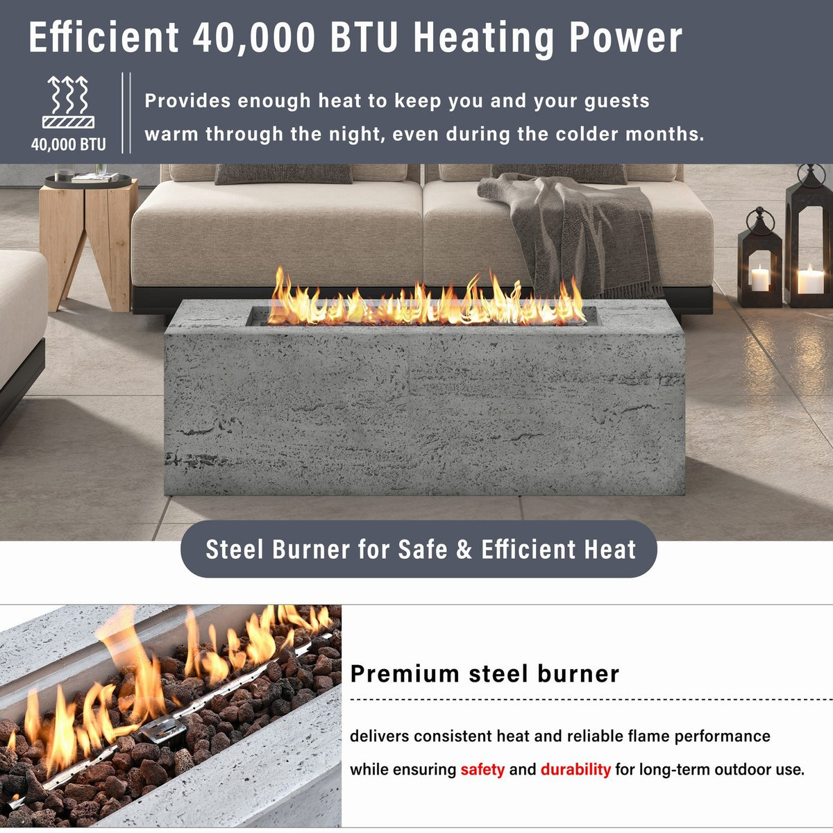 42" Rectangular Propane Fire Pit Table, Concrete-Look MGO, 50,000 BTU, Grey, 10-ft Hose Included