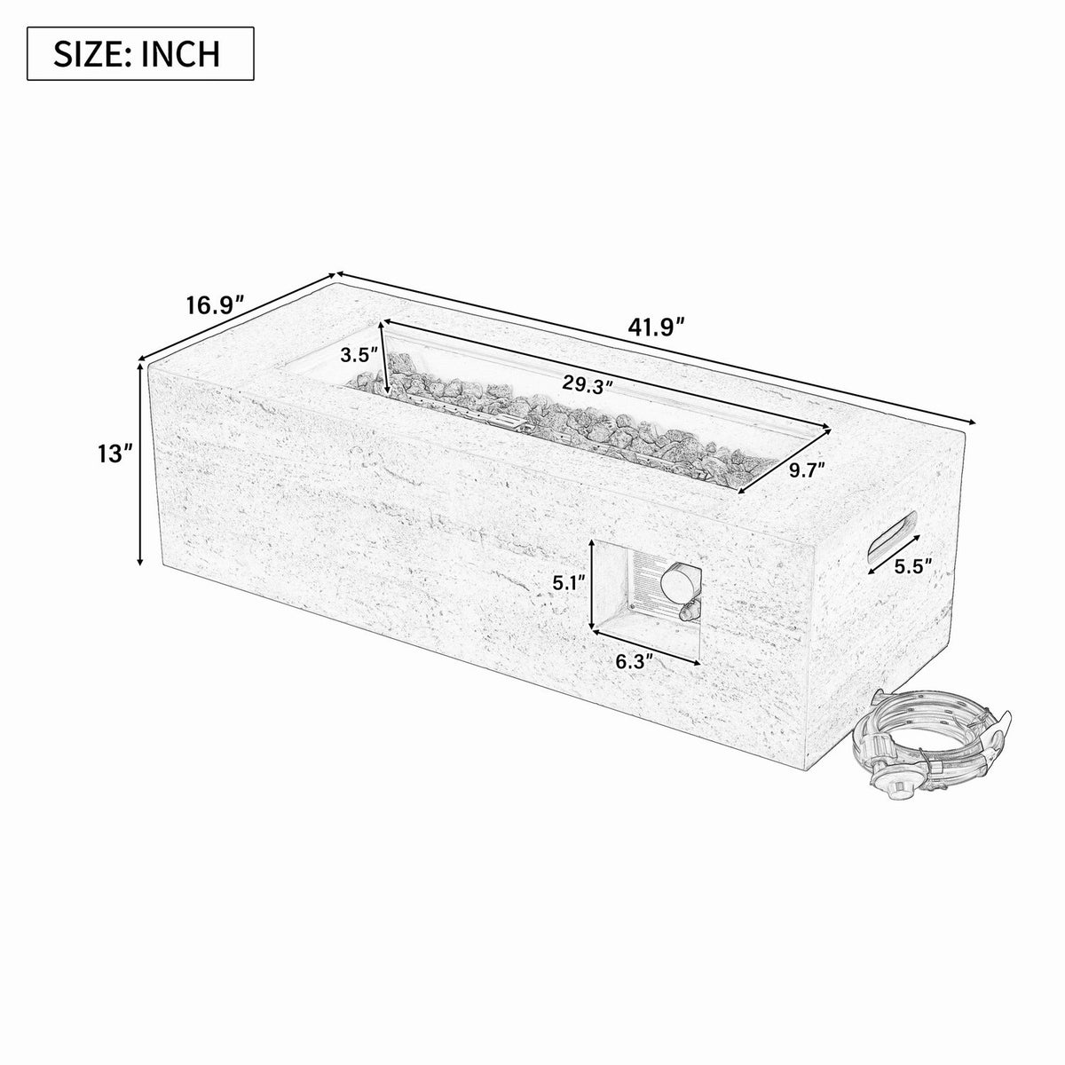 42" Rectangular Propane Fire Pit Table, Concrete-Look MGO, 50,000 BTU, Grey, 10-ft Hose Included