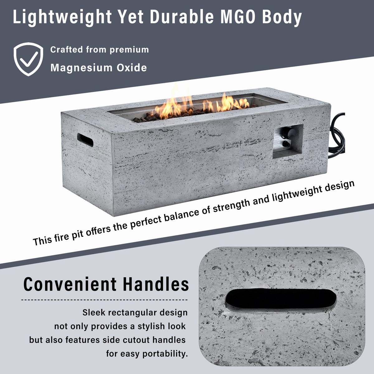 42" Rectangular Propane Fire Pit Table, Concrete-Look MGO, 50,000 BTU, Grey, 10-ft Hose Included