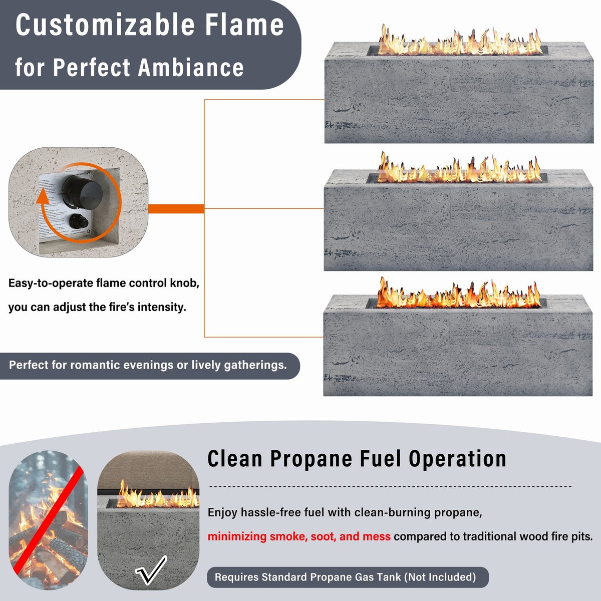 42" Rectangular Propane Fire Pit Table, Concrete-Look MGO, 50,000 BTU, Grey, 10-ft Hose Included