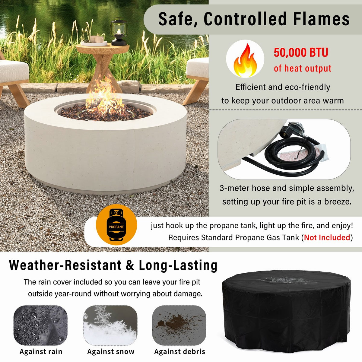 38" Round Propane Fire Pit Table Patio Heater 50,000 BTU Outdoor Firepit