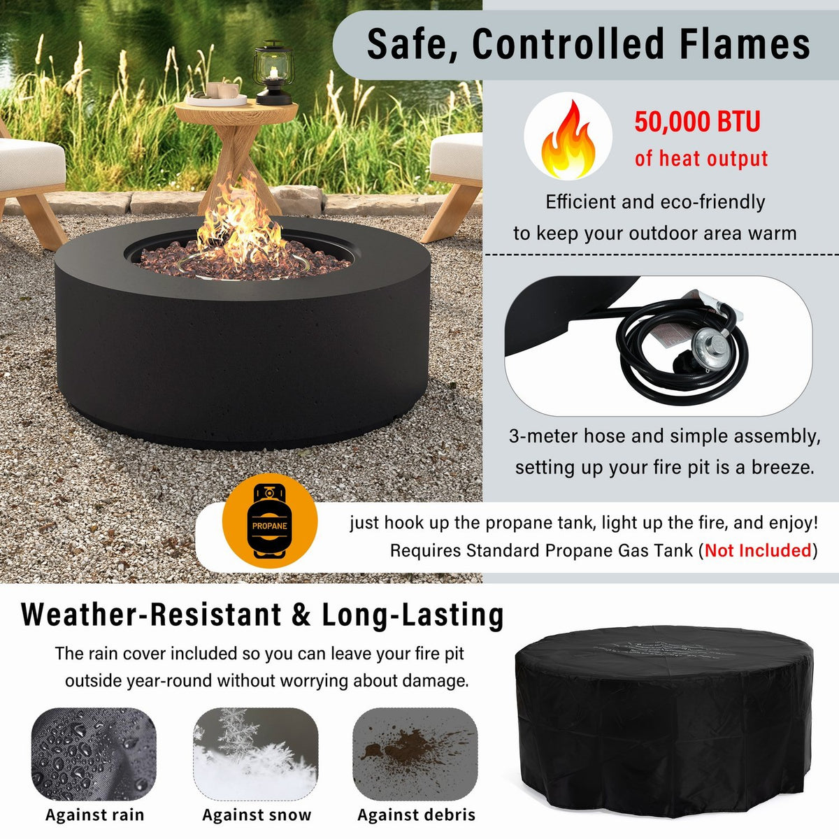 38" Round Propane Fire Pit Table Patio Heater 50,000 BTU Outdoor Firepit